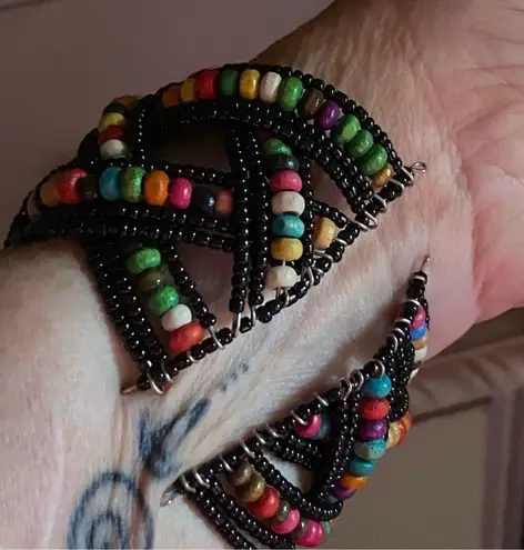 Multi Color Glass Bead & Wooden Beaded Cuff Bracelet Adjustable Multiple
