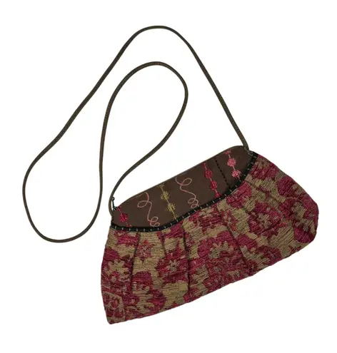 Maruca Handmade Colorado Pink Needlepoint Floral Embroidered Full Zip Crossbody Brown