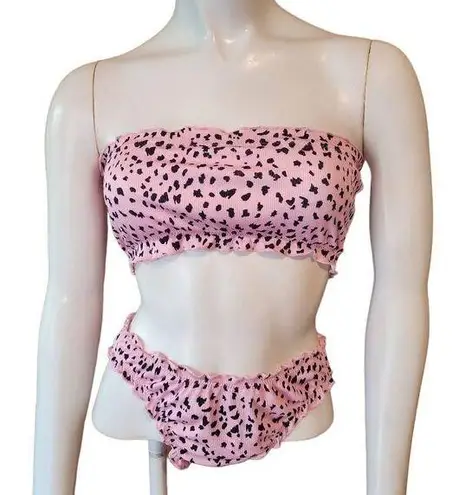 Romwe  Pink & Black Leopard Print Ruffle Strapless Bikini Swimsuit (S)