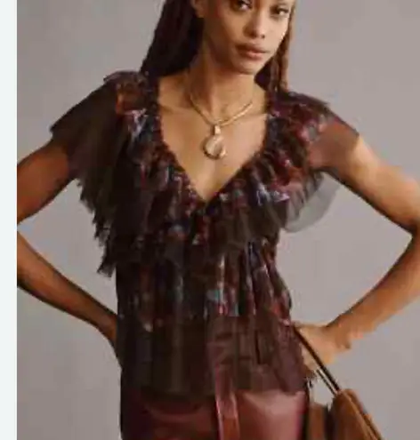 NWT By Anthropologie Tulle Lace Mix Ruffled Top XS Purple