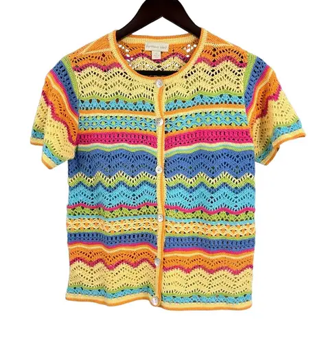 Northern Isles Short Sleeve Cardigan Sweater Crochet Knit Cotton Linen Size S Blue