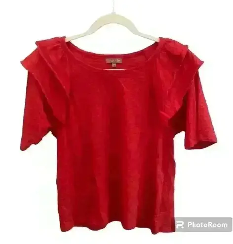 Lilla P Loose Knit Slub Elbow Sleeve Ruffle Crewneck size Small Preppy Luxury Red