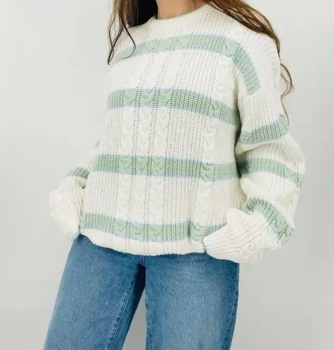 vtg coastal sage green carolina blue slouchy striped cable knit crewneck sweater Size L