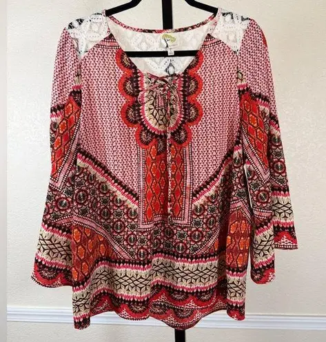 Fig & Flower Large Bohemian Lace Trim Blouse Hippie Chic Festival Peasant Shirt Red