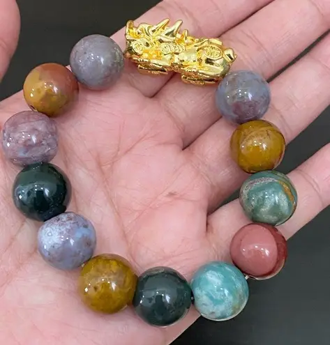 Handmade Natural Agate Multicolored Stone Pi Xiu Fengshui Lucky Stretch Bracelet