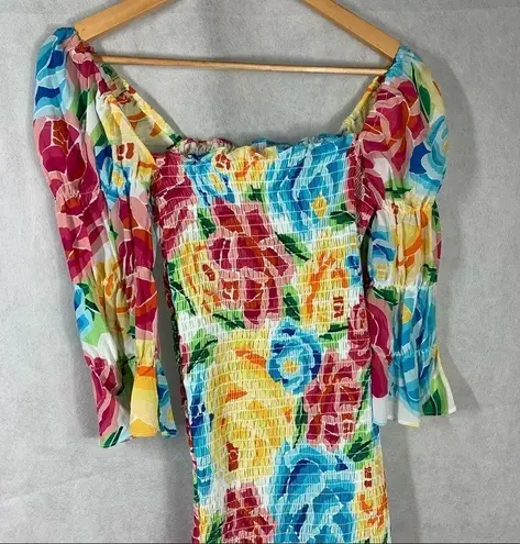 All Things Mochi Mariana Shirred Silk Floral Print dress Pink Size M