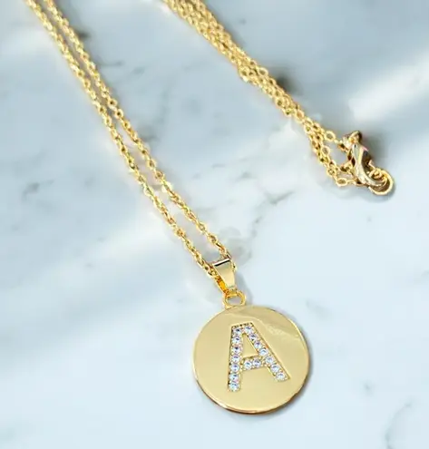 Yellow Gold Plated Cubic Zirconia A Initial Disc Necklace New