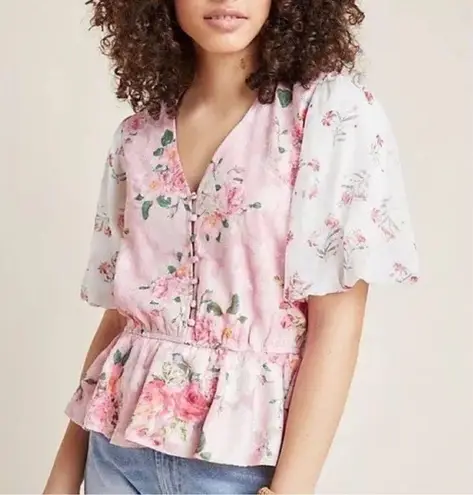 Hemant & Nandita Rose Garden Floral Boho Blouse Size Medium Peasant Pink