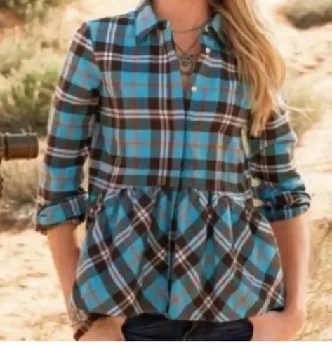 Sundance Hayden Creek Teal
Plaid Flannel Peplum Shirt XS