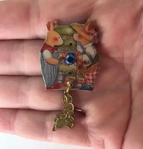Bunny Rabbits Pin Brooch Handmade Vintage Easter