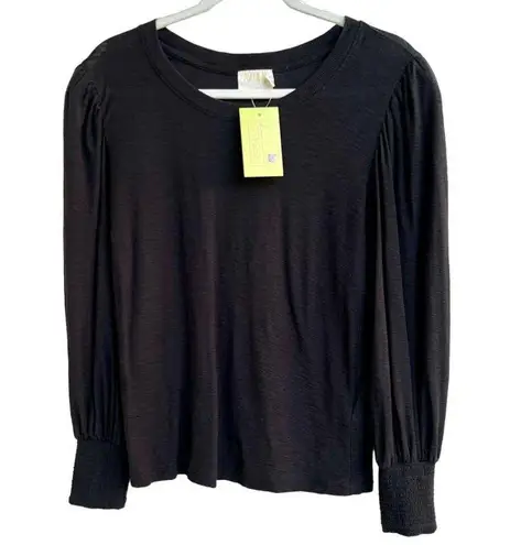 Nation Ltd Nation Puff Sleeve 100% Pima Cotton Pleated Tee Shirt Black Women's Size Medium