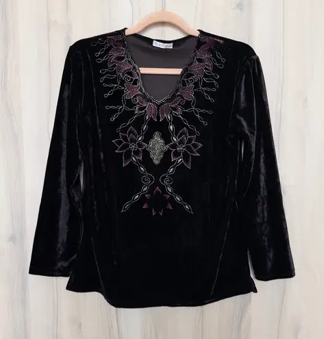 Womens Velvet Beaded Floral Top Size S Brown Whimsigoth Fairy Grunge Witch Boho Black