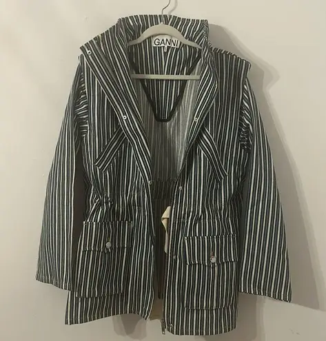 Ganni Blue White Mixed Stripe Pattern Zip Up Denim Jacket Size 38