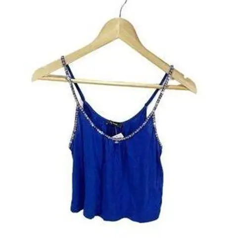 EXPRESS  XS Tank Top Sequin Jewel Trim Cropped Spaghetti Straps Royal Blue