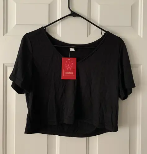 Verdusa Women's Solid V Neck Crop T Shirt Top Causal Short Sleeve Tee Top Size S Black