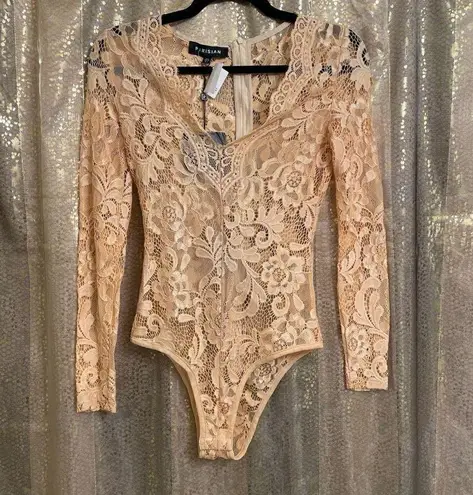 Parisian Peach Full Lace Long Sleeve V Neck Bodysuit Size 2 NWT