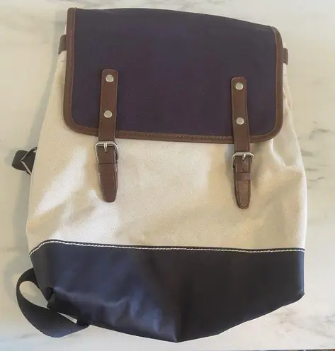 Land's End Navy & Ivory Canvas Backpack Bag Knapsack School Nautical Adjustable Blue