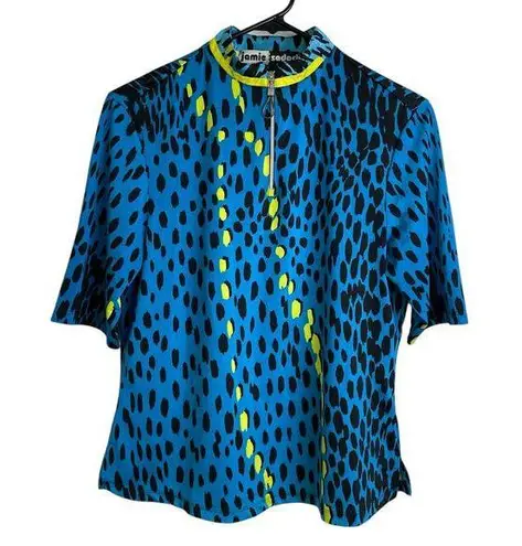 Jamie Sadock Womens Small Short Sleeve Top Blue Golf Animal Print Neon 1/4 Zip