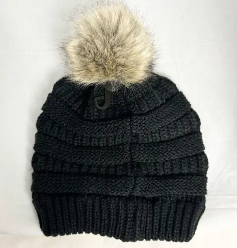 C.C Soft Stretch Ribbed Cable Knit Faux Super Soft Pom Beanie Hat Unisex OS BWT Black