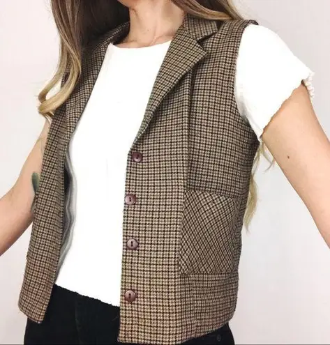 Vintage Houndstooth Patterned Vest | Size S Tan