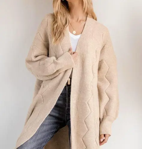 Pinch Women’s Cardigan Open Long Line Zigzag Cream Balloon Sleeve Size S/M