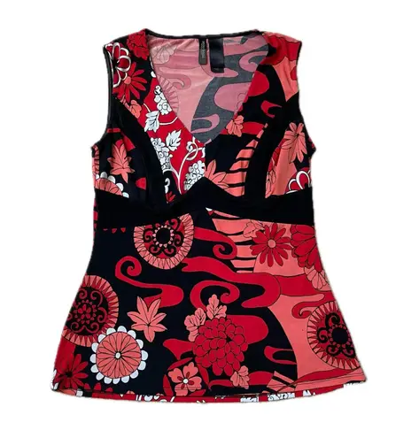 Bisou Bisou Red floral babydoll sleeveless top bohemian Y2K boho chic hippie eclectic 90s