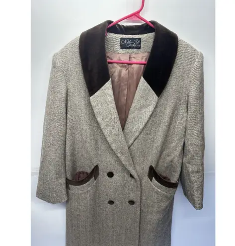 Vintage Noble Fashion Wool Coat Women’s | Herringbone Tweed Long Overcoat Size L