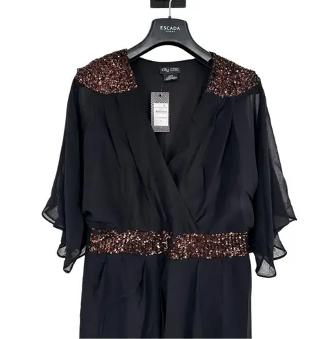 City Chic Black Bronze Sequin Demi Maxi Dress size XS/14 Elbow Flutter Sleeves