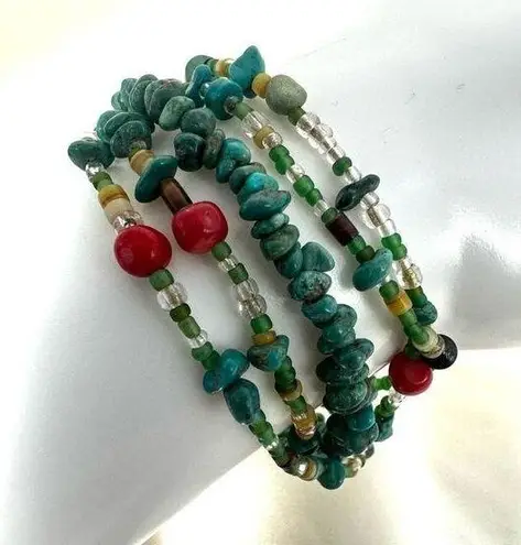 Peyote Bird sterling silver turquoise and coral multi strand bracelet Blue