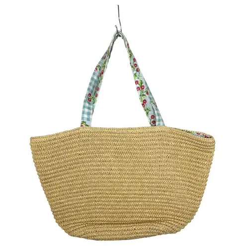 Laura Ashley Wicker Raffia Cherry Cottage Boho Tote Style Purse Beach Bag