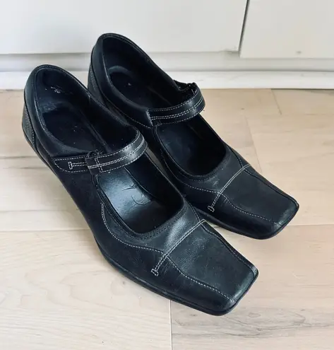 Y2K Leather Heeled Mary Janes Black Kenneth Cole Reaction Square Toe Classic Size 7