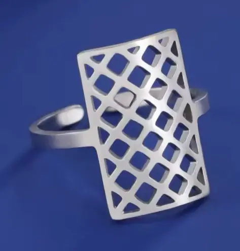 Boutique Solid Statement Ring White Gold Plated Sterling Adjustable Lattice Wide Band‎