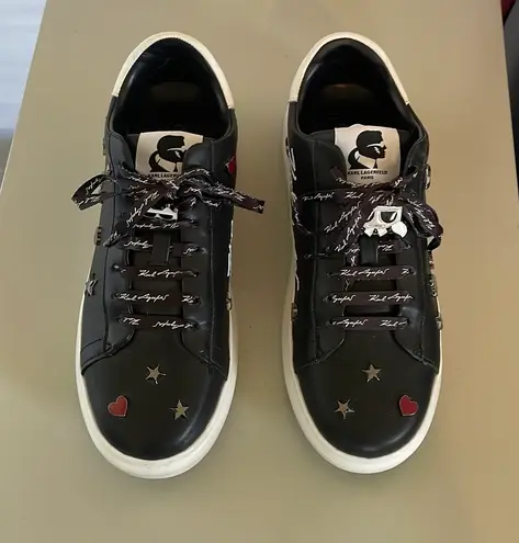 Karl Lagerfeld Kenna Leather Black Pin Logo Sneakers $130 EUC Wmn 8.5