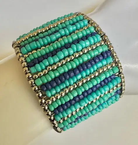 Blue beaded tassel open cuff bracelet