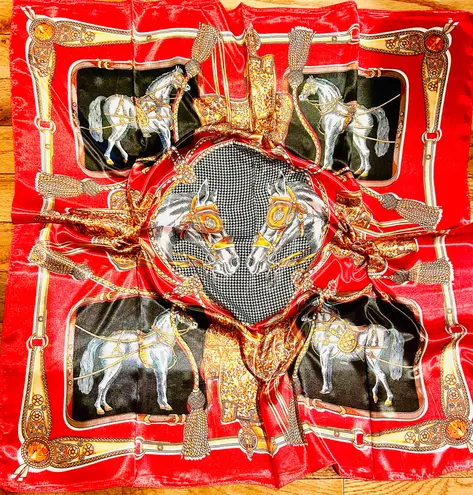 VINTAGE Equestrian RED & BLACK Horses and Tassels Print silky Scarf 35’/35’