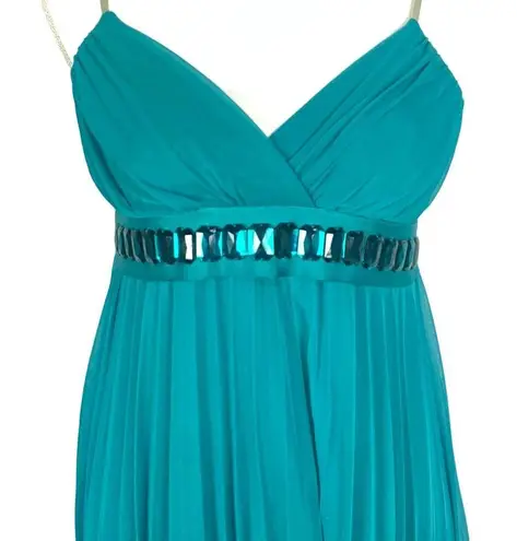 Ruby Rox Teal Chiffon Pleated Dress S Rhinestone Belt Bow Tie Knee Length Cocktail Prom