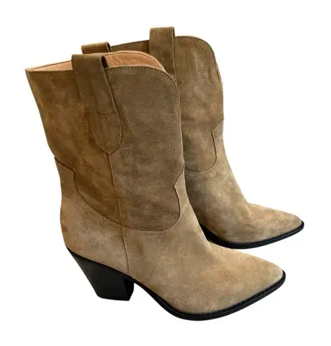 Grungemana Pull On Suede Pointy Toe Mid Calf Western Boots, Sz EU 39 Tan