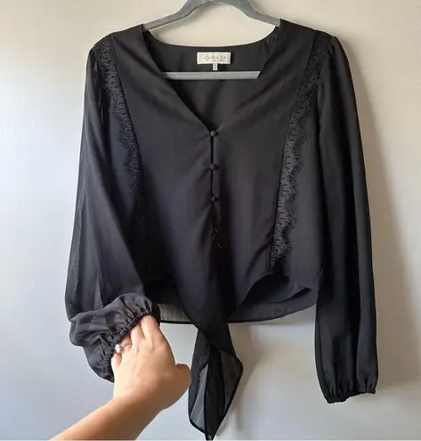 WAYF Black Sheer Western Rodeo Lace Trim Long Sleeve Tie Front Blouse Size S