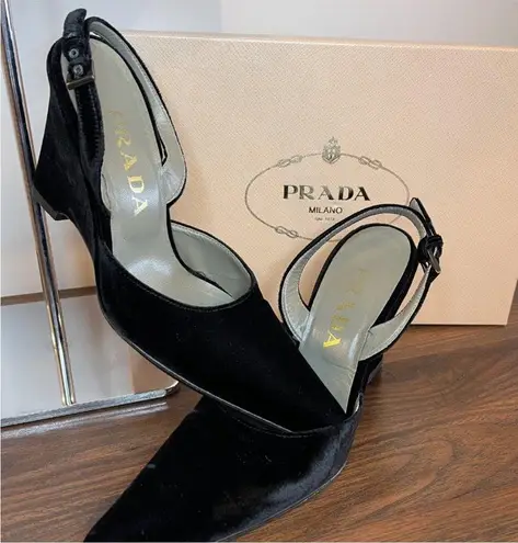 Prada Black velvet Slingback wedge Heels
