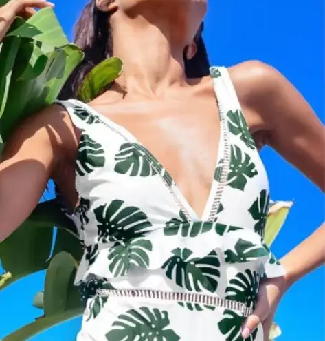 Iyasson White Leaf Print Swimsuit Deep V