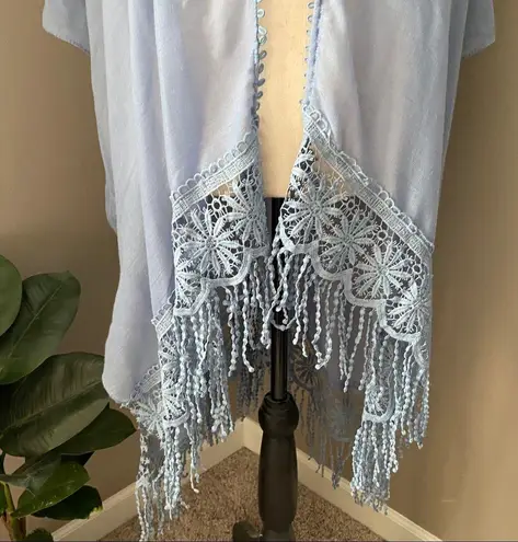 Hinge Lace Trim Kimono Blue Sz OS