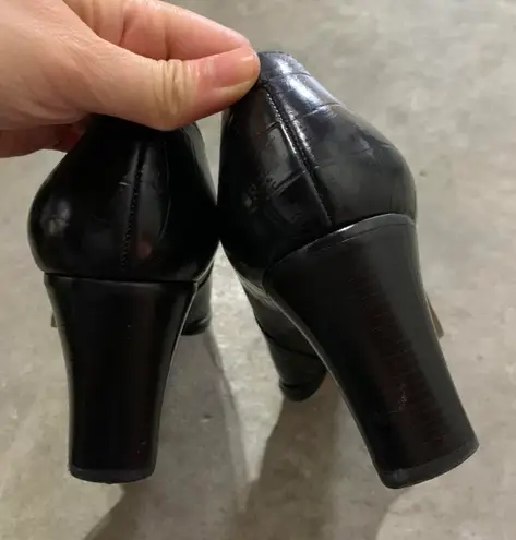 CATHY JEAN Black Leather Chunky Heel Pumps SZ 7.5