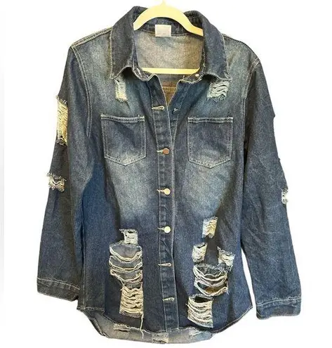 Women’s Jean Jacket distressed denim rhinestone Rise design on back Size M NWOT Blue Size M