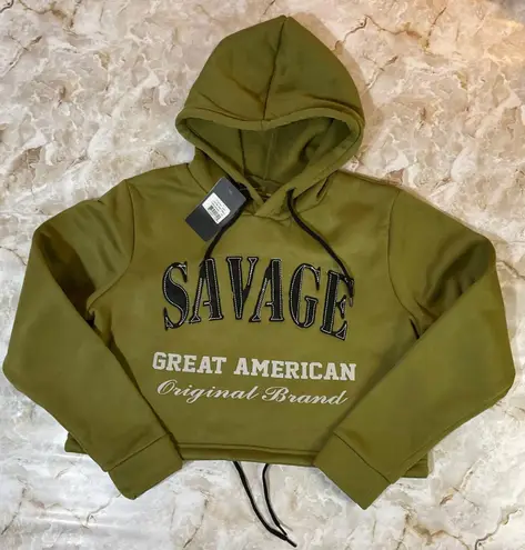 Savage Great American Original Brand Green Cropped Hoodie Sweatshirt NWT Medium