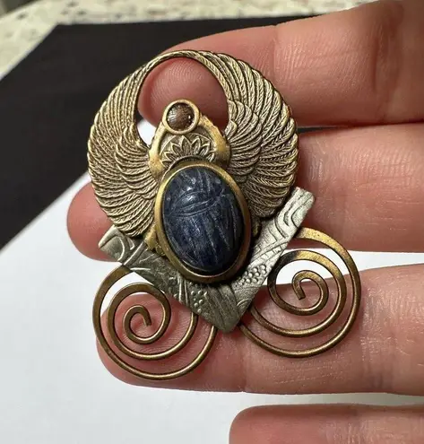 Hand Crafted Metal Scarab Style Winged Beetle Bronze And Silver Tone Brooch Pin Gold