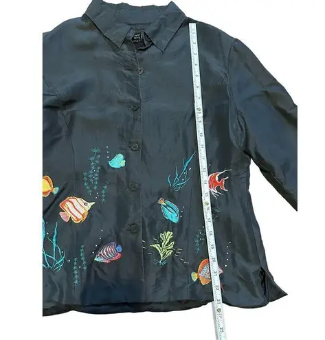 Vintage Silkland Women’s Black Embroidered Fish 100% Silk Jacket Blazer … Size 10