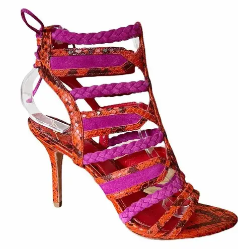 Brian Atwood  Felisa Sandals Mixed Media Strappy Braided Leather Orange Pink 7