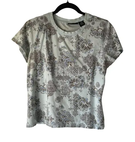 Relativity Women's Y2k Light Blue Paisley Print Short Sleeve T-Shirt Top L Boho