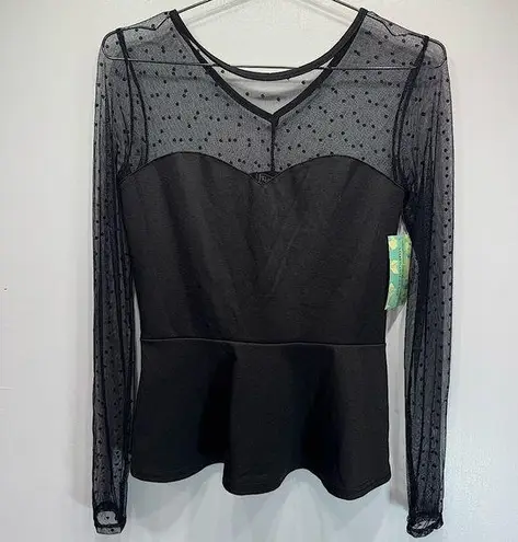 Rock Steady Black Sheer Polka Dot Lace Sweetheart Bodice Rockabilly Peplum Top Size M