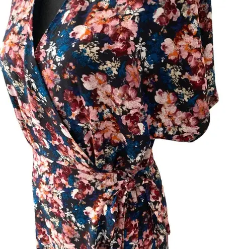 Bobeau Floral blue pink midi chiffon wrap tie dress asymmetrical modest feminine